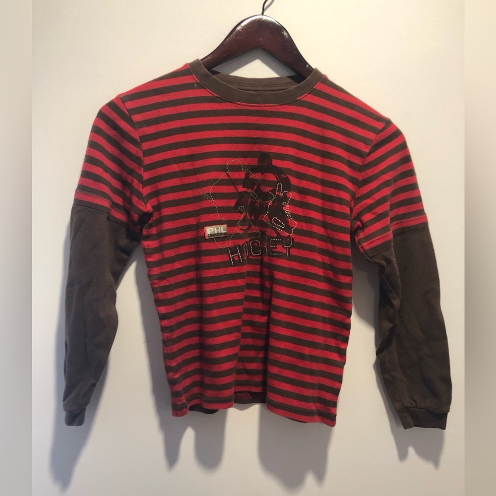 Hockey Themed Red and Brown Striped Kids Long Sleeve Tee